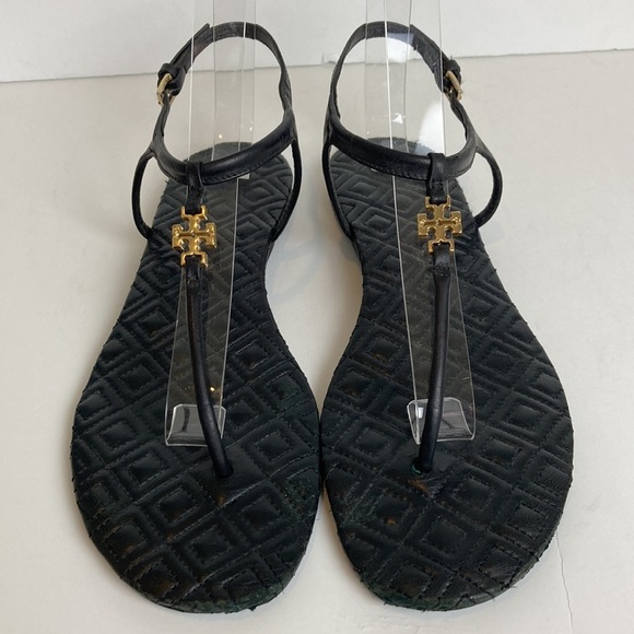 TORY BURCH Marion Quilted Black Leather T-Strap Gold Logo Sandals Size 8 Luxury - Picture 8 of 16